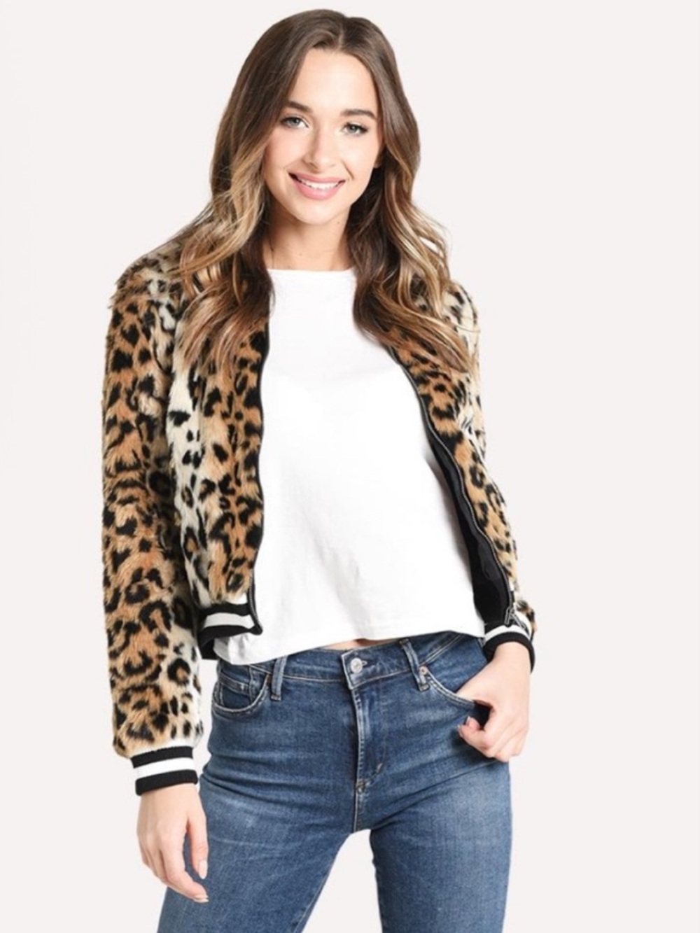 Jack by BB Dakota Woman’s Leopard Faux Fur Bomber Jacket - Brown/Black/Cream